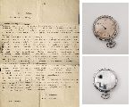Ostatni list Edwarda uczaka do rodzicw napisany 21 wrzenia 1939 r. ze szpitala wojennego w Kutnie oraz jego zegarek, uszkodzony przez niemiecki pocisk (pamitki ze zb. rodzinnych).