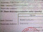 Fragment odpisu skróconego aktu zgonu Jana Łącznego wydanego 23 marca 2012 r. przez Urząd Stanu Cywilnego w Kościanie (dok. ze zb. rodzinnych).